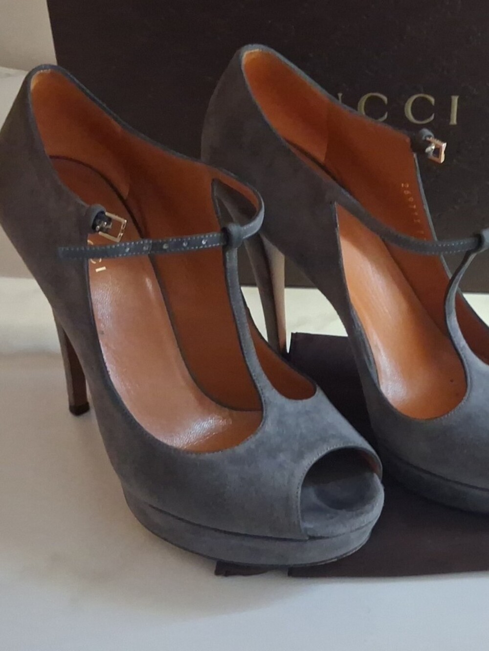 Gucci Gray Suede Peep-Toe T-Strap Heels